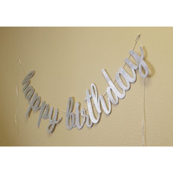 Happy Birthday Cursive Banner Silver Handcrafted Wall Party Decor Free Shipping - Picture 6 of 8